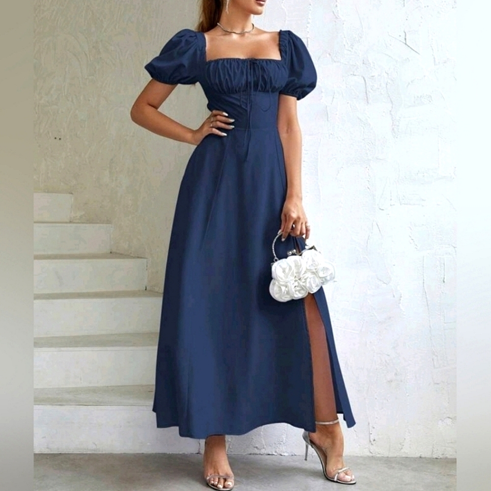 New Vintage Look Tie Ruched Top Split Maxi Dress Navy Blue - Picture 4 of 12